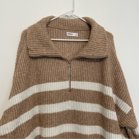 SONOMA Plus Size Quarter Zip Tunic Sweater Tan Brown White Striped 1/4 Zip Fall - Picture 3 of 15